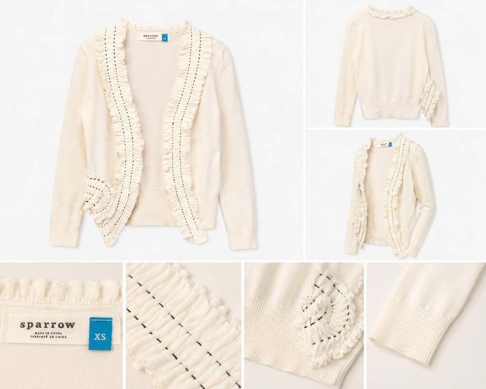 Sparrow Ivory Knit Ruffle Trim Open Cardigan